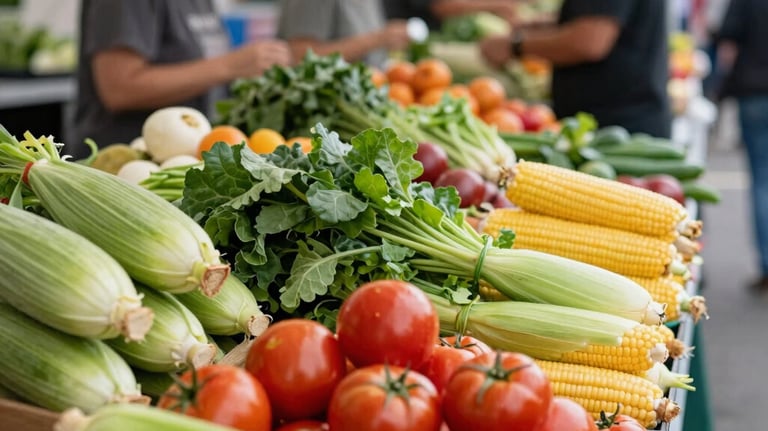 A vibrant and bustling outdoor farmers market stall in a North American / US setting, overflowing with a diverse and colorful display of fresh, ripe fruits and vegetables like red tomatoes, green leafy greens, and yellow corn. Soft, natural daylight illuminates the produce, highlighting its freshness and natural textures. In the background, out of focus, market-goers and vendors interact, creating a lively community atmosphere. The composition is eye-level, focusing on the abundant produce in the foreground, with a gentle depth of field.