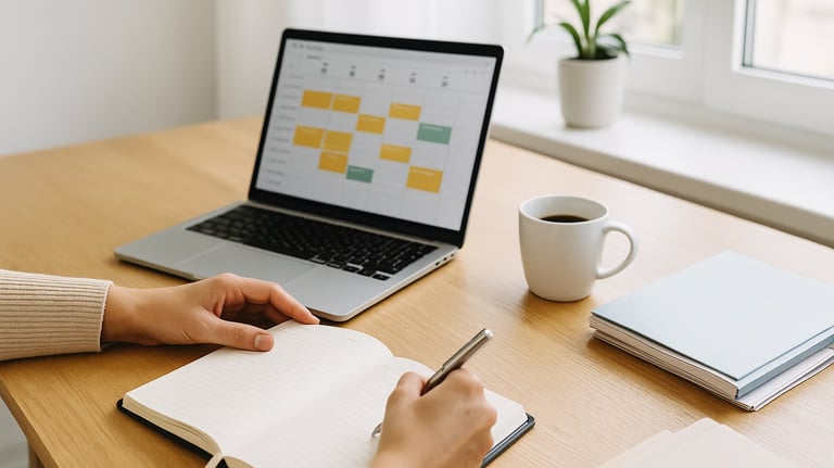 Organisation administrative et planification sur ordinateur portable avec carnet et café