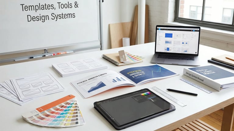 A professional workspace featuring digital and physical tools, manuals, and templates for building d