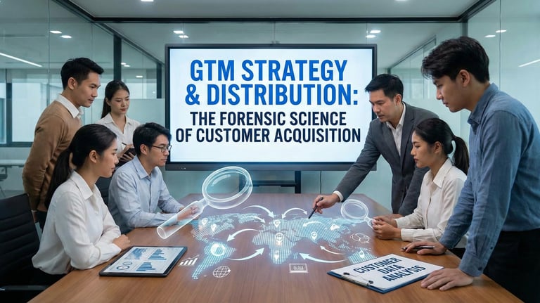 A group of business professionals in a conference room discuss "GTM Strategy & Distribution: The For