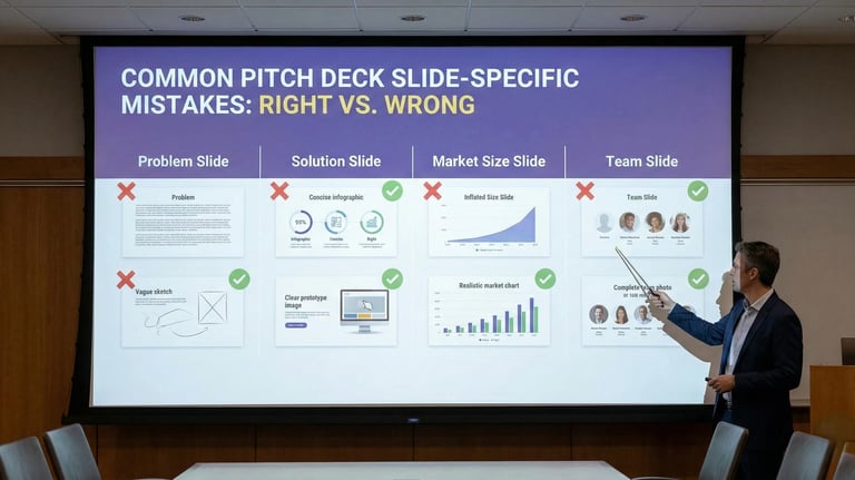 Presentation showing common pitch deck slide mistakes comparison