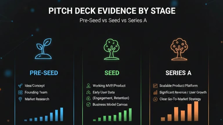 Pitch Deck Evidence by Stage: Pre-Seed vs Seed vs Series A