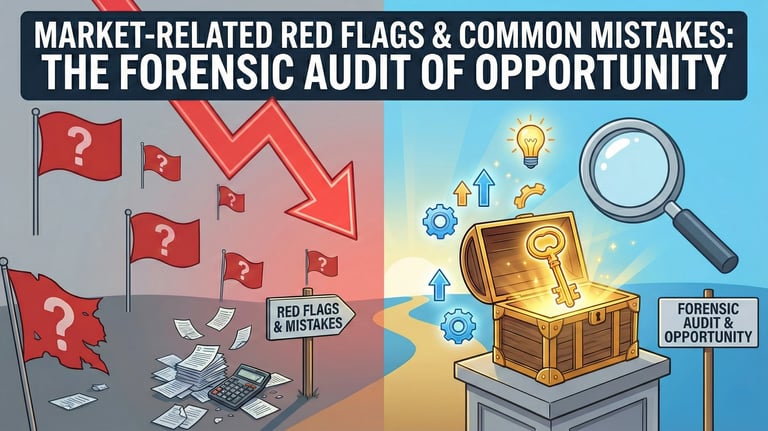 Split-screen graphic titled Market-Related Red Flags and Common Mistakes contrasting business risks 