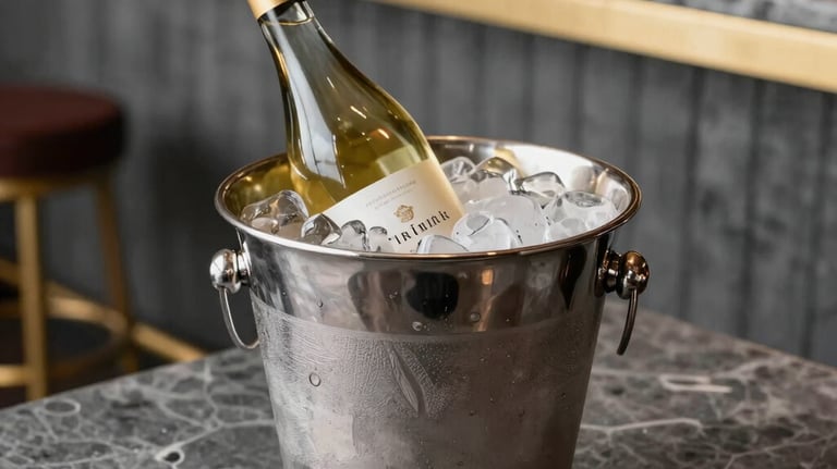 A bottle of white wine chilled in a silver bucket with ice, positioned on a slate tabletop. The setting is a trendy South American bar with elegant slate gray and gold decor.