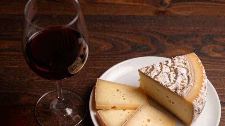 Top-down view of a glass of red wine next to a plate of artisanal Brazilian cheeses on a dark wood table. Warm, moody lighting highlights the deep red color of the wine.