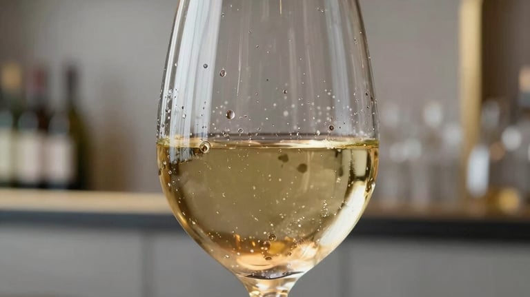 Close-up of a glass of white wine with condensation, reflecting warm ambient light. The background is a chic, modern bar interior with light gray and gold accents.