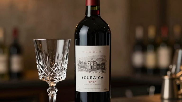 A bottle of premium red wine standing next to a crystal glass on a dark counter. Soft Brazilian lounge lighting in gold and brown tones creates a sophisticated atmosphere.