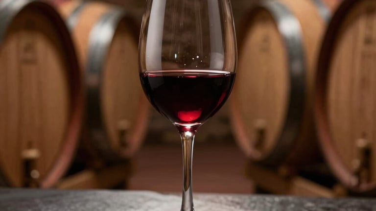 Photography of a glass of Malbec wine on a dark slate surface, illuminated by a warm spotlight. The background is a blurred South American wine cellar with wood and stone textures.