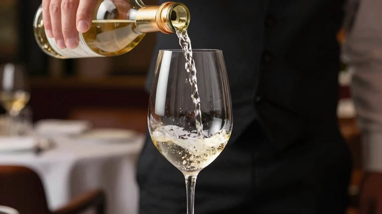 A waiter elegantly pouring white wine into a glass in a high-end Brazilian restaurant. The lighting is sophisticated, emphasizing the pale gold color of the wine.