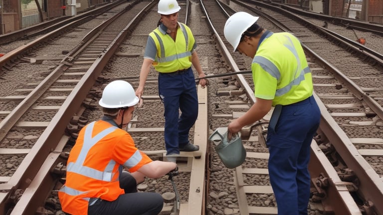 Engineers working on telecom equipment for railways.