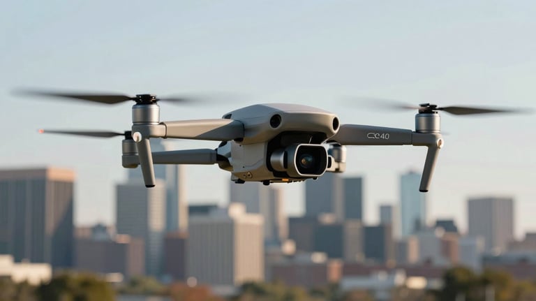 Handheld photography of a sleek, modern drone flying over a futuristic city skyline in North America, highlighting tech innovation.