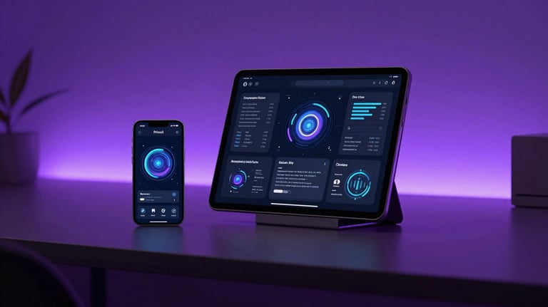 A minimalist tech workspace featuring a sleek smartphone and tablet displaying futuristic AI interfaces, illuminated by purple ambient light.