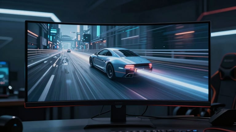 Cinematic shot of a high-speed data transfer visualization on a curved monitor in a dark, futuristic North American gaming room.