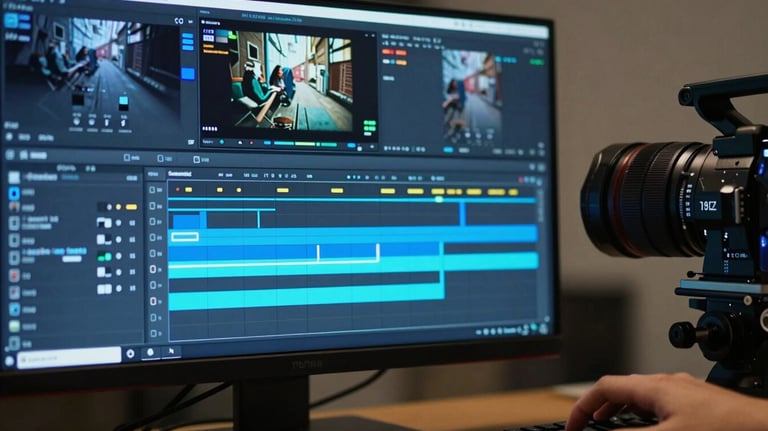 Close-up of a professional editing suite in a North American studio, showing a high-resolution display with a video timeline glowing in electric blue.