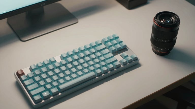 A top-down view of a designer's desk in a North American home office, with a mechanical keyboard and a high-end camera lens, soft cyan lighting.