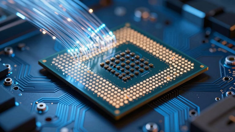 Abstract macro photography of a high-performance computer processor with glowing circuits and fiber optic strands, electric blue tones.