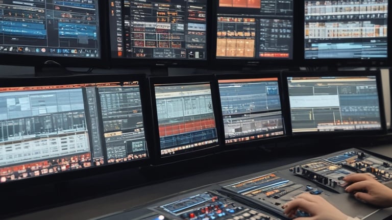 A busy newsroom with multiple screens showing automated video workflows.