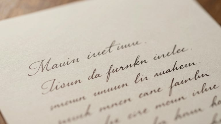 A close-up of a handwritten letter with elegant cursive script on off-white paper. Soft focus, warm morning light, German aesthetic.