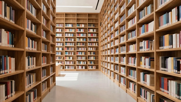 A wide shot of a modern, minimalist library with floor-to-ceiling wooden shelves. Bright, airy, and intellectual atmosphere.