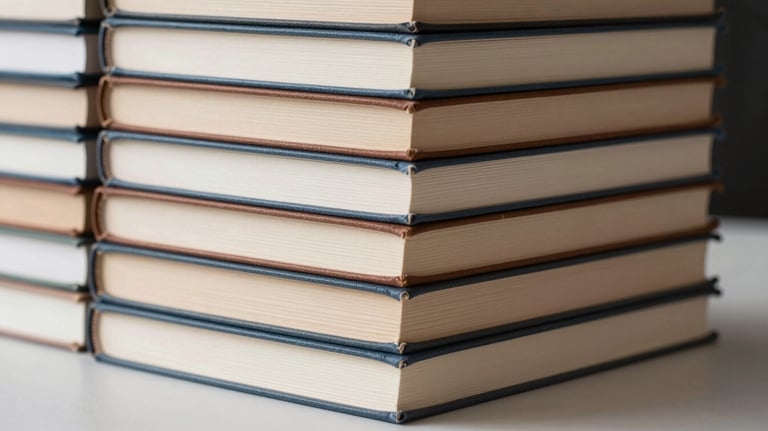 A stack of hardcover books with beige and brown spines, arranged neatly on a light surface. Clean, professional, literary composition.