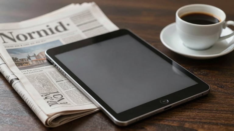 Photography of a sleek, modern tablet next to a stack of newspapers and a cup of coffee. Professional literary morning scene.