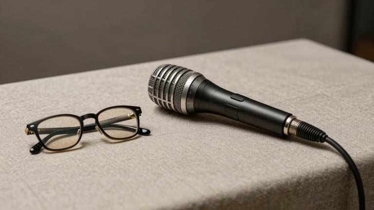 A minimalist studio shot of a classic microphone and a pair of spectacles on a beige linen tablecloth. Sophisticated and professional.