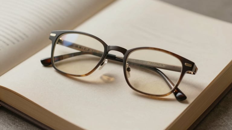 A high-angle shot of a pair of eyeglasses lying on an open book. Neutral tones, cream and sand colors, soft lighting.