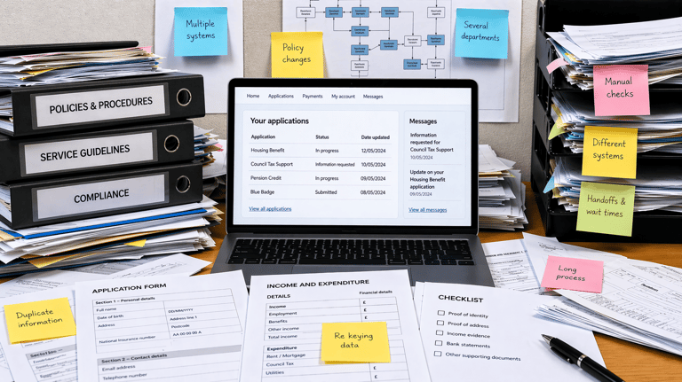 A cluttered office desk with stacks of binders and papers surrounding a laptop.