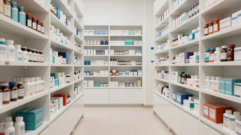 Modern pharmacy interior design with clean white shelves, soft beige flooring, and elegant minimalist layout, focusing on a clinical yet welcoming atmosphere.