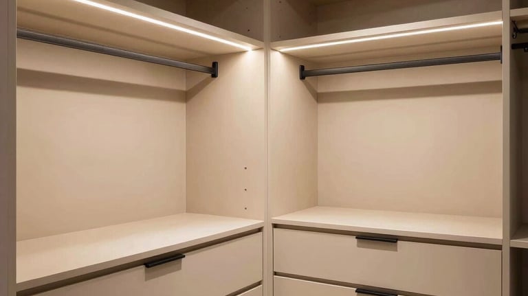 Interior shot of a luxury walk-in closet with beige cabinetry, black hardware, and elegant integrated LED lighting, reflecting a timeless design style.