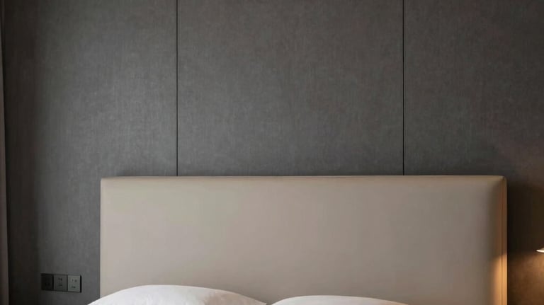 Detailed photography of a luxury bedroom interior in a Central Anatolian villa, showcasing a minimalist beige headboard, dark gray wall panels, and sophisticated ambient lighting.