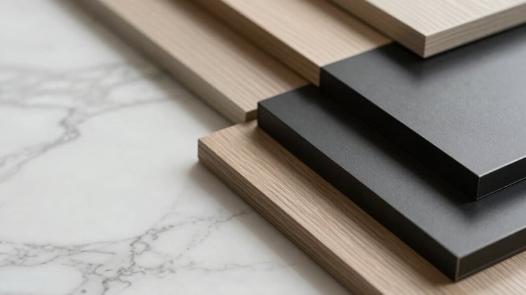 Close-up of a high-end material palette including white marble, light beige wood samples, and matte black metal finishes for an interior design project.