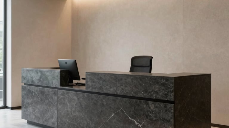 A professional and modern law office reception area in Ankara, featuring a dark gray stone desk, beige wall accents, and a minimalist architectural layout.
