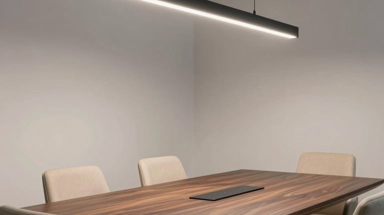Contemporary office meeting room with a large dark wood table, beige upholstered chairs, and a striking black minimalist light fixture.