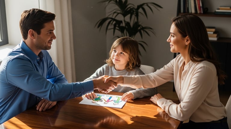 Pais e criança em mediação familiar sobre guarda e convivência