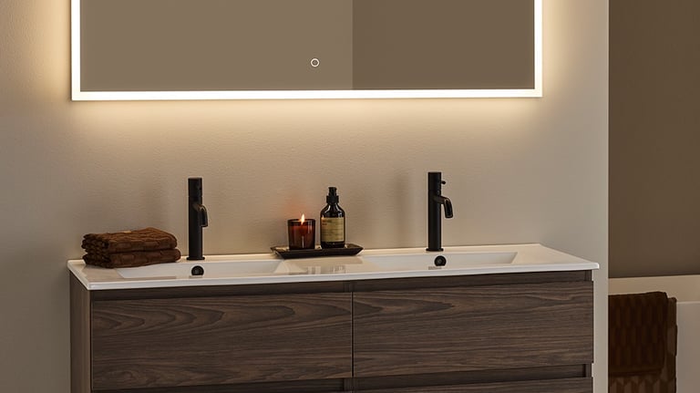 Modern floating double vanity with dark wood grain, matte black faucets, and a backlit LED bathroom mirror.