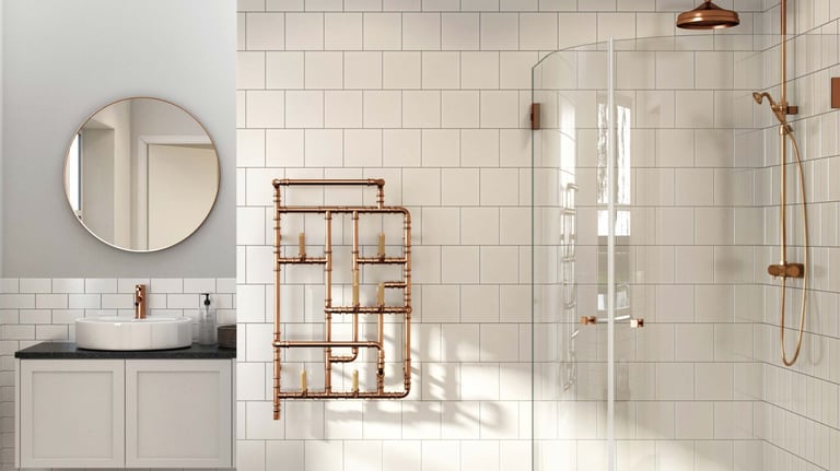 Modern bathroom featuring a copper pipe towel radiator, walk-in shower with copper hardware, and white subway tiles.