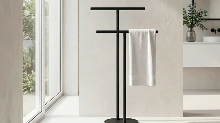 Freestanding matte black towel rack with a white towel in a modern minimalist bathroom.