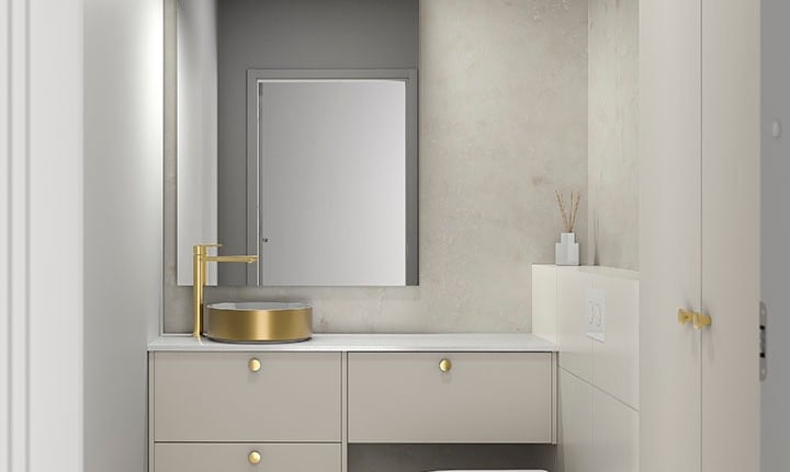Modern minimalist bathroom featuring a gold vessel sink, floating vanity, and wall-hung toilet.