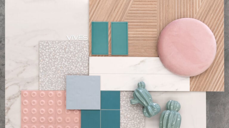 Interior design mood board with pastel pink and teal tiles, marble slabs, and textured wood panels.