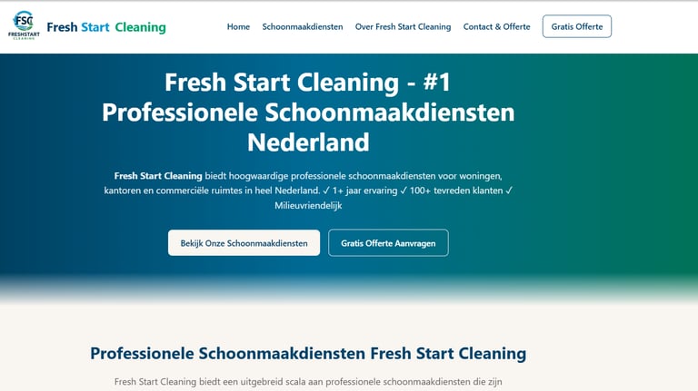 Fresh Start Cleaning homepage featuring professionele schoonmaakdiensten in Nederland with service