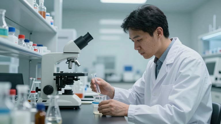 A scientist in a white lab coat meticulously preparing a formulation in a modern, clean laboratory. Glassware, professional equipment, light blue and teal tones.