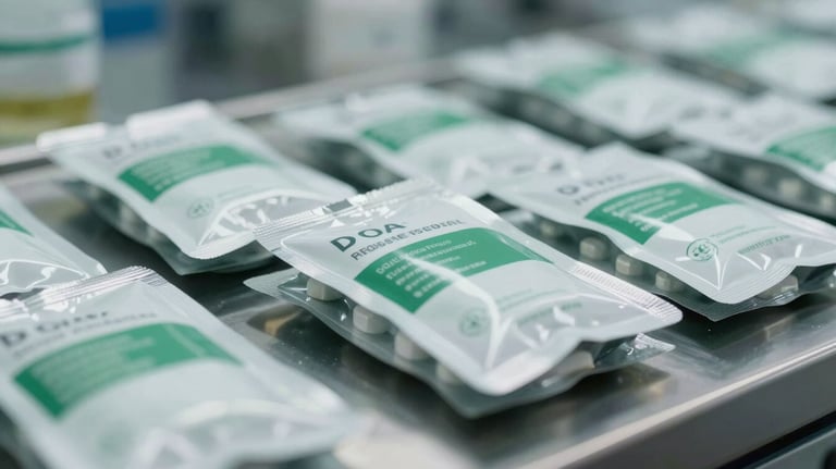 Close-up of finished high-quality pharmaceutical packaging on a clean production line. Muted green and white colors, bright and professional industrial setting.