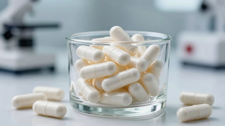 High-quality white capsules and vitamins in a clear glass container. Bright, clinical lighting in a modern pharmaceutical facility setting.