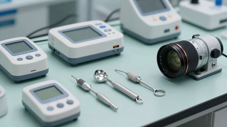 Modern medical devices and diagnostic tools laid out on a clean, light teal surface. Sharp detail, professional laboratory setting in a Northern European facility.