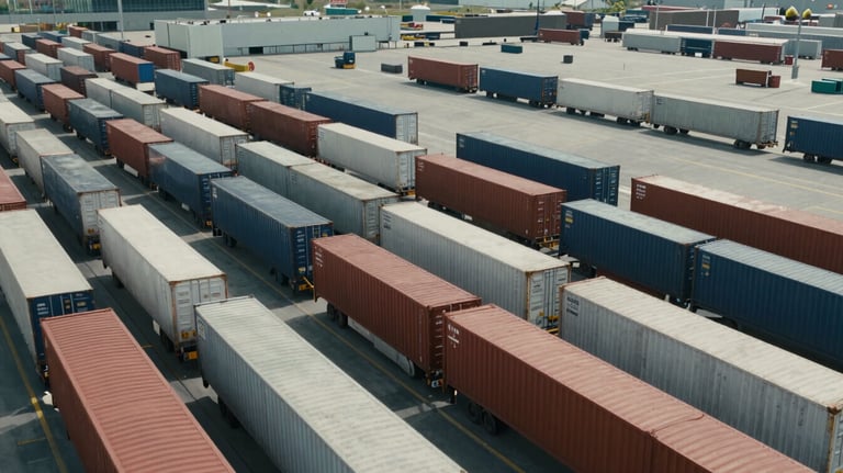 A large-scale logistics hub with moving freight in a clean, modern Northern European port. Cool lighting, focused on efficiency and professional scale.