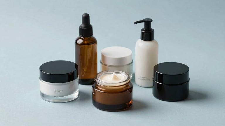 A minimalist arrangement of premium skincare and cosmetic containers on a clean light blue surface. Professional studio photography with soft shadows and sharp focus.