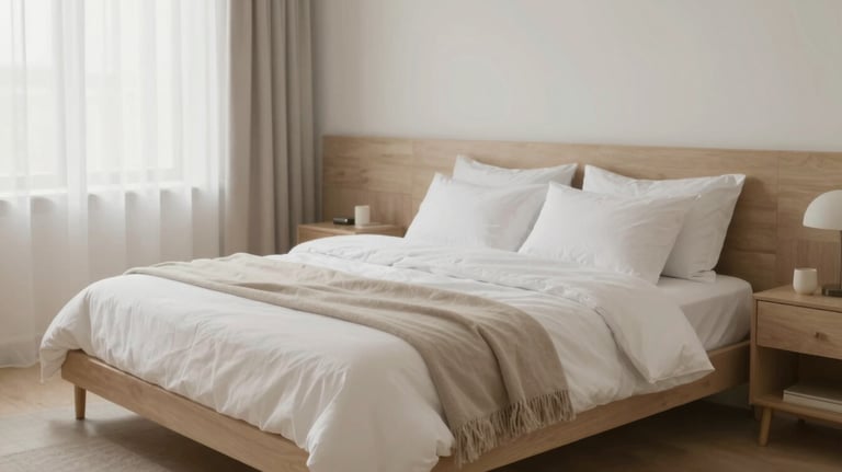 A cozy and well-organized bedroom for professionals, featuring high-quality bedding and a clean, modern aesthetic in neutral tones.