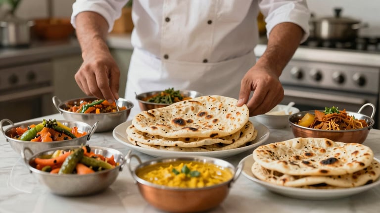 A table set with delicious, fresh, home-cooked Indian meals including rotis, dal, and vegetables, emphasizing the homely atmosphere and kitchen staff service.