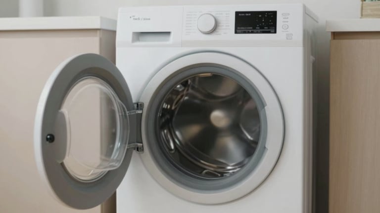 A modern washing machine in a clean, dedicated laundry area within the premises, highlighting the convenience of on-site laundry facilities.